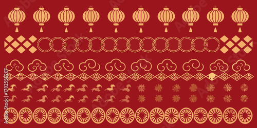 Collection of traditional chinese decorative elements including lanterns clouds dragons and floral patterns on red background