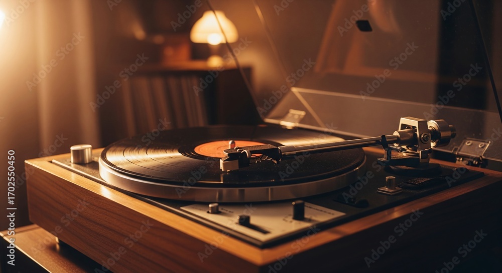 Obraz premium Vintage Turntable Playing Vinyl Record in Warm Light Setting