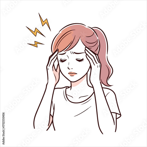 Woman massaging temples due to severe headache on white background pain suffering