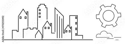 Outline of tall and small buildings, gear for innovation, minimalistic style. Ideal for urban development, architecture, technology, engineering, planning, teamwork progress simple landing page