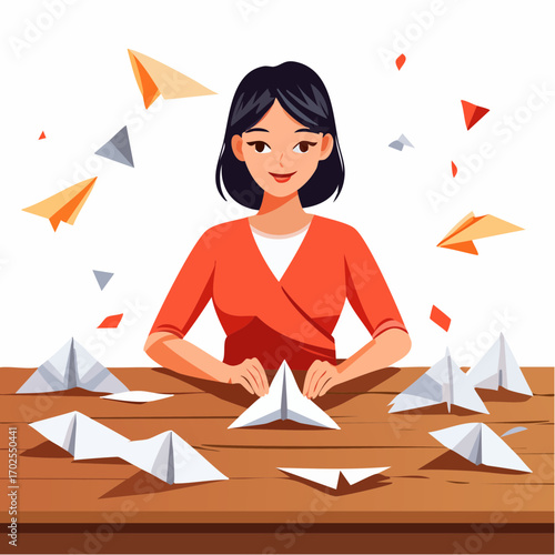 Creative woman crafting paper airplanes symbolizing ideas, innovation, and new beginnings