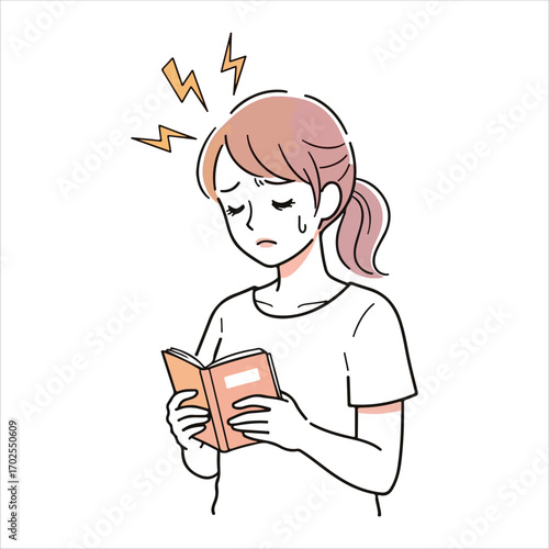 Woman reading a book with lightning bolt symbols indicating headache studying
