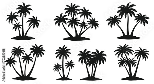 Silhouetted palm trees isolated on white background, evoking tropical vibes, vacation, and island life, with varying sizes and arrangements