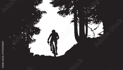 Silhouette of a mountain biker riding on a forest trail with trees framing the scene mountain biking