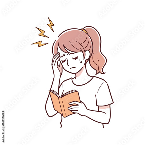 Woman reading a book with lightning bolt symbols indicating headache studying