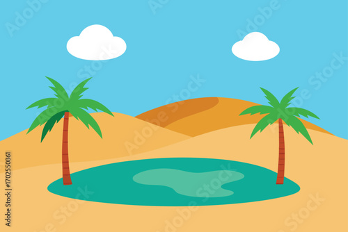 Desert Oasis with Palm Trees and Pond