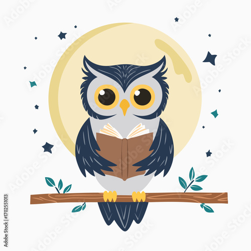 Wise owl perched on branch reading a book under the full moon and stars