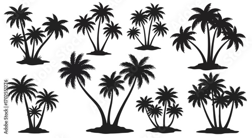 Silhouetted palm trees isolated on white background, evoking tropical vibes, vacation, and island life, with varying sizes and arrangements