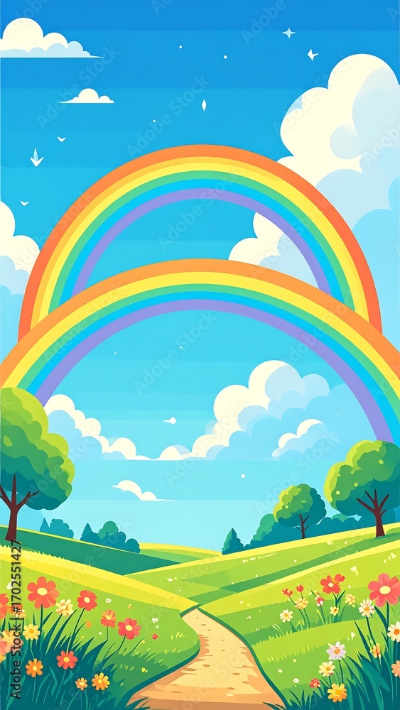 Naklejka premium Two rainbows arch over a grassy path through a field of flowers under a blue sky