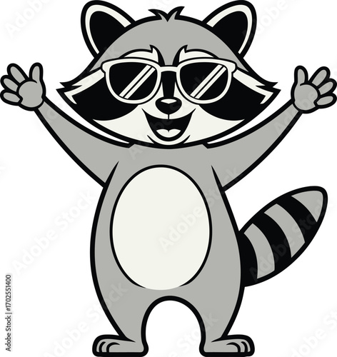Cool Cartoon Raccoon Mascot Wearing Sunglasses with Raised Arms