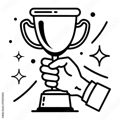 Hand Holding Trophy Cup Line Icon