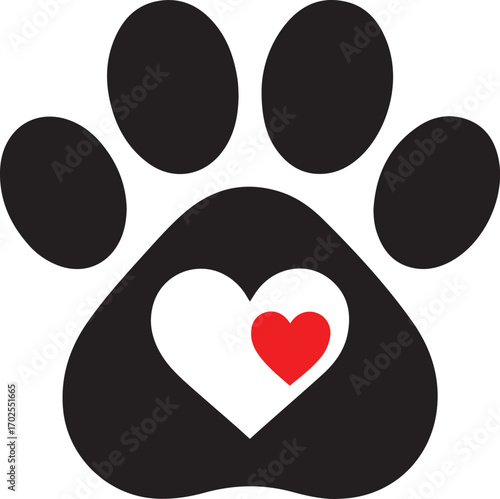 Black paw print with red and white heart inside Keywords: paw print, dog paw, cat paw, animal paw