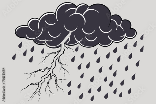 Vector art of a menacing storm cloud releases heavy rain and a forked lightning strike, capturing the raw energy and potential danger of a thunderstorm