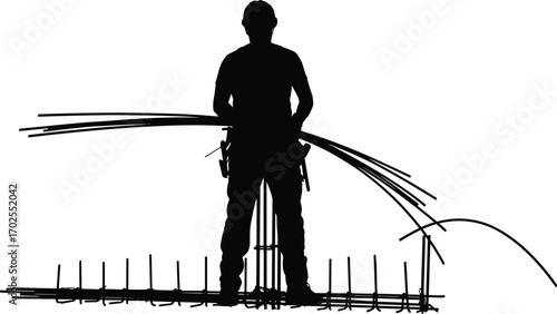 Construction worker silhouette standing on site, reinforcing steel rods, construction work, heavy industry, worker in safety gear, building site, structural reinforcement, silhouette of labor