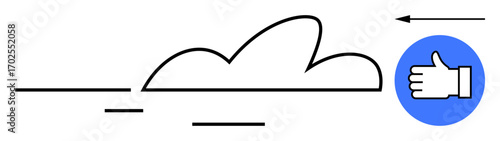 Abstract cloud with motion lines, arrow pointing forward, blue circle with thumbs-up. Ideal for feedback, approval, progress, digital services, creative updates, technology simple landing page