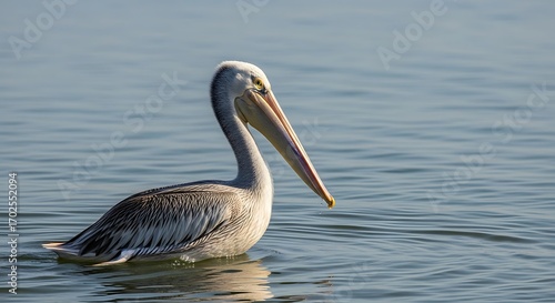 Pelican swimming gracefully on calm water surface.