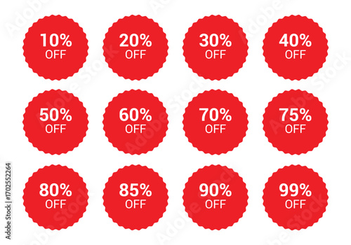 "Discount Sale Labels: Red Price Tags with Percentage Off"