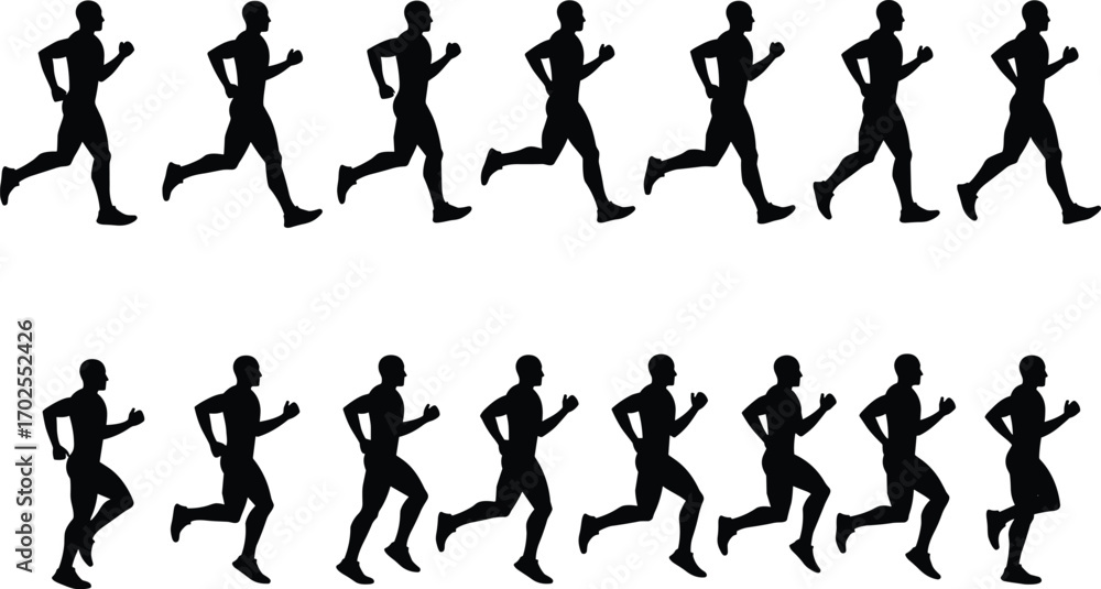 Naklejka premium Running man silhouette vector set, male jogger icons, fitness exercise illustrations, athletic person, jogging motion, sports activity graphics