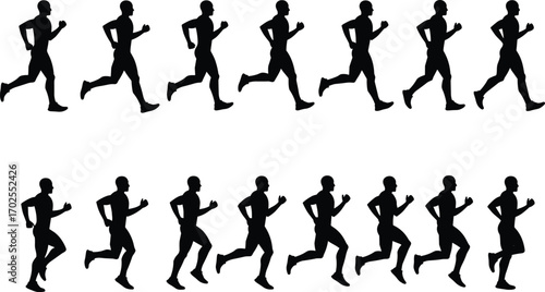 Running man silhouette vector set, male jogger icons, fitness exercise illustrations, athletic person, jogging motion, sports activity graphics