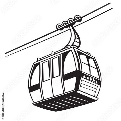 A black and white illustration of a cable car suspended from a wire, isolated on white background