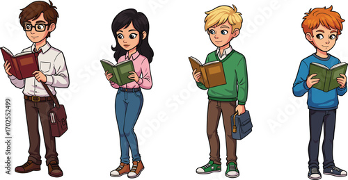 Cartoon illustration of diverse students reading books, young boys and girl characters studying, education concept, knowledge learning, academic lifestyle vector
