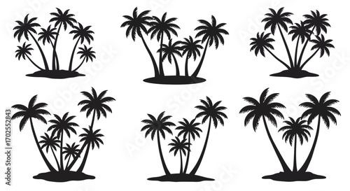 Silhouetted palm trees isolated on white background, evoking tropical vibes, vacation, and island life, with varying sizes and arrangements