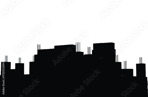 Full black silhouette of construction site with concrete forms, reinforcing bars, and building frames, showcasing urban development, architecture