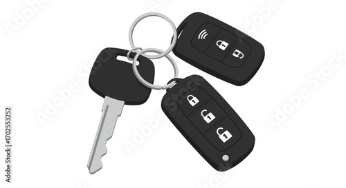 Car keys isolated on white background a set of modern car keys with remote control, featuring lock, unlock, and trunk buttons, for vehicle security and access