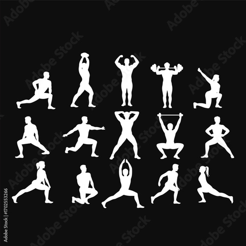 Silhouette of people exercising, fitness poses, weightlifting, stretching, yoga, strength training, workout, healthy lifestyle, gym exercises, athletic, muscle building, flexibility, sports
