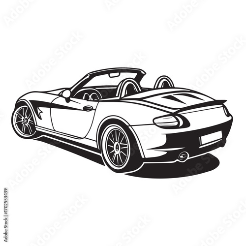 A sleek, modern convertible sports car, depicted as a black and white illustration isolated on a white background