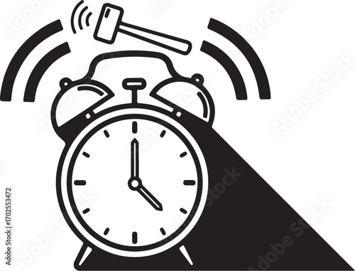 Icon of a Ringing Alarm Clock with Hammer and Shadow sound waves