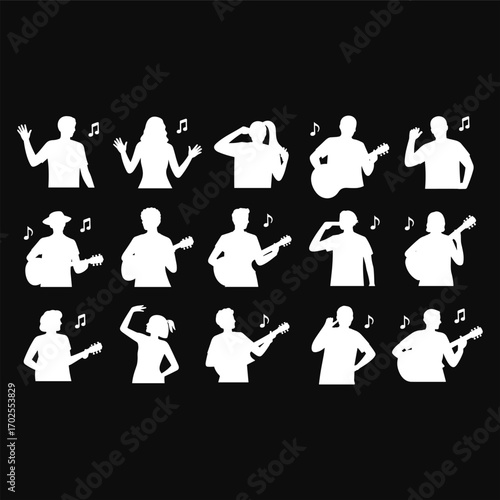 Silhouette of people playing guitar, singing, dancing, music notes, musical performance, entertainment, band practice, musical instruments, live concert, joy, 