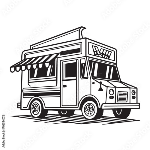 Black and white illustration of a food truck with an awning and a sign on top, isolated on white background