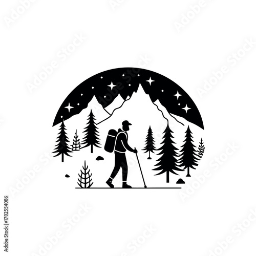 Monochrome Illustration of Hiker in Mountain Landscape Under Starry Night Sky