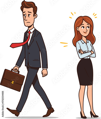 Businessman walking away with sad expression, businesswoman smiling confidently, career change, office relationship dynamics, corporate decision, workplace emotion, professional separation.