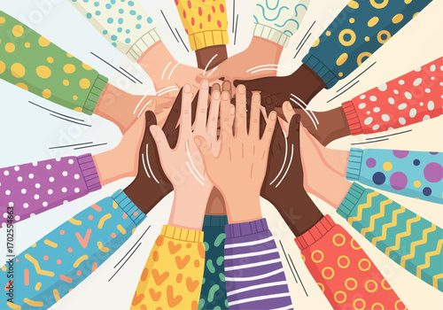 A diverse group of people joining hands in a circle, symbolizing unity, teamwork, and community spirit.
