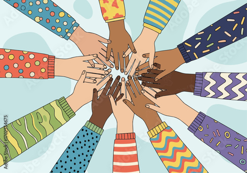 Diverse hands of various skin tones and colorful sleeves stacked in a circle, symbolizing unity, teamwork, and community.