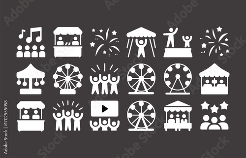 White silhouette festival vector icons, ferris wheel, carousel, music concert, food stall, fireworks, celebration people, carnival tents, entertainment event, amusement park fun
