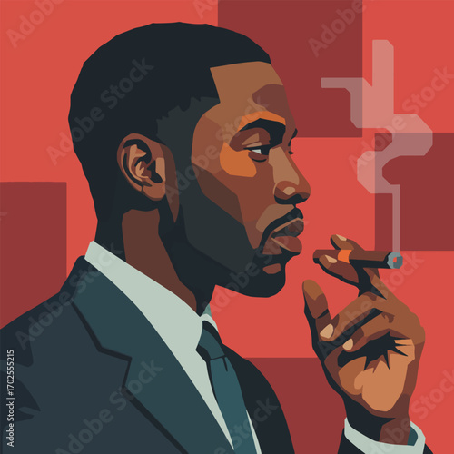 Illustration of a stylish man smoking a cigar against a red background