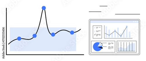 Line graph with data points and spikes paired with a dashboard featuring various charts and analytics. Ideal for reporting, business analysis, trend prediction, statistics, data visualization