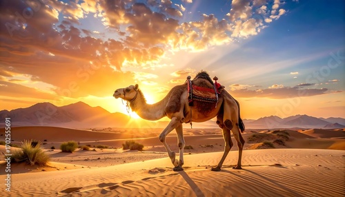 Fototapeta Naklejka Na Ścianę i Meble -  A camel walks across desert sand dunes during a vibrant sunrise, with mountains in the background