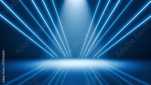 A dark space with a central overhead light and converging bright blue glowing lines reflected on a textured illuminated floor