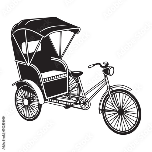 Black and white illustration of a traditional cycle rickshaw, a threewheeled passenger cart, isolated on white background