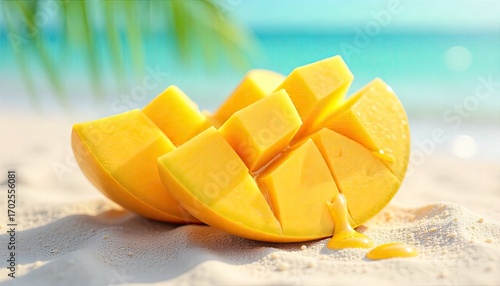 Juicy mango slices glistening on tropical beach sand with ocean backdrop, pure summer bliss