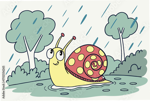 Vector art of a cheerful snail ventures out on a rainy day, surrounded by lush green trees and bushes, its shell adorned with charming yellow polka dots
