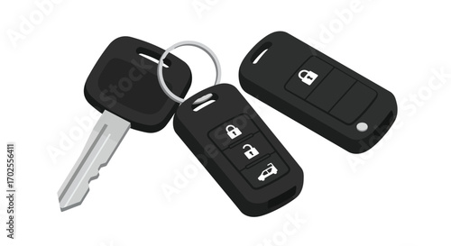Car keys isolated on white background a set of modern car keys with remote control, featuring lock, unlock, and trunk buttons, for vehicle security and access