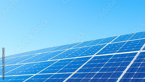 Solar panels under a clear blue sky, representing clean energy and sustainability.
