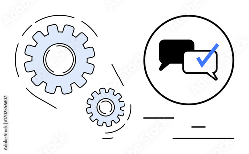 Interlocking gears next to a circle containing speech bubbles with a check mark. Ideal for teamwork, communication, innovation, workflow, efficiency, technology, simple landing page