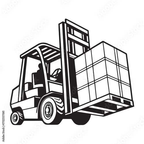 Forklift truck lifting a pallet of boxes, isolated on white background