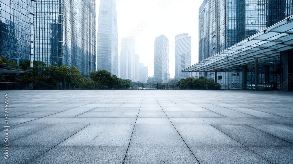 Fototapeta premium Modern Cityscape Perspective: Empty Urban Plaza with Skyscrapers in the Background, Featuring Contemporary Architecture